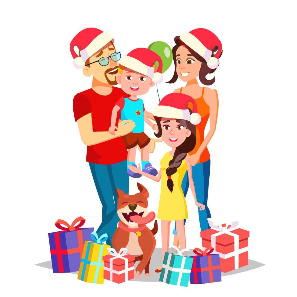 jul familj porträtt vektor. föräldrar, barn. Lycklig. ny år gåvor. traditionell händelse. affisch, reklam mall. isolerat tecknad serie illustration vektor