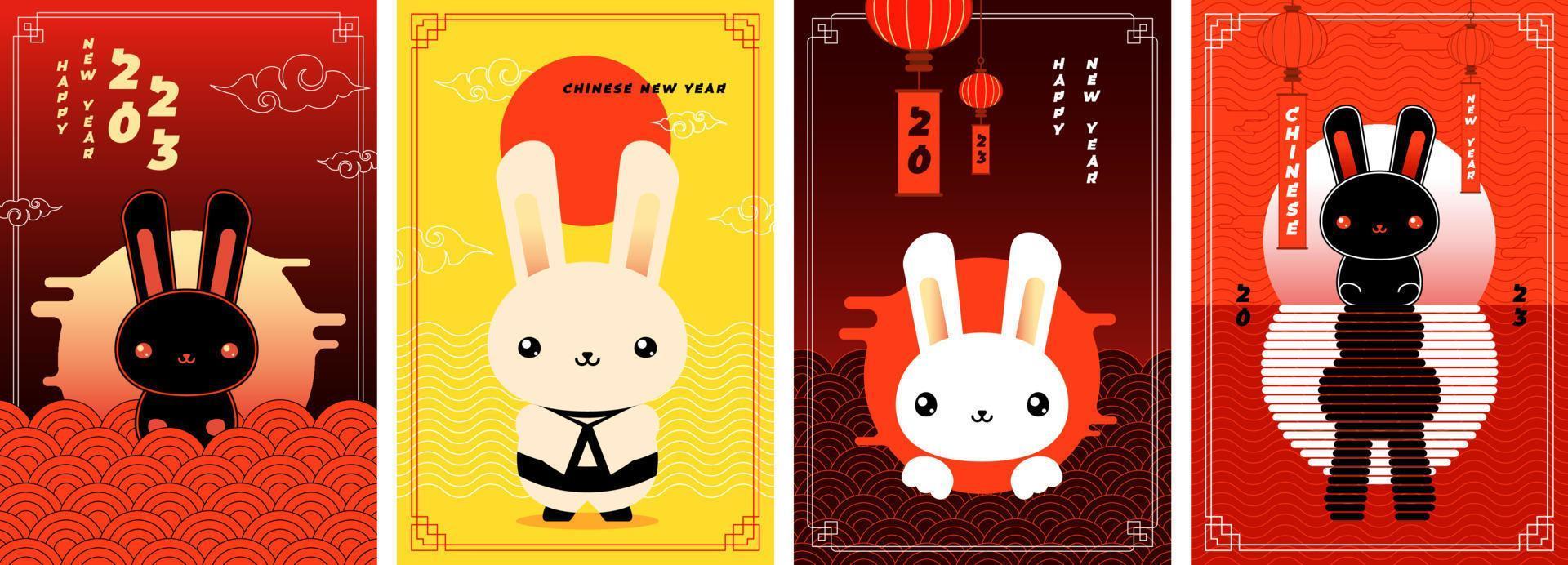 kinesisk ny år av svart vatten kanin affisch uppsättning. hälsning kort samling av Kina traditionell årlig zodiaken symbol hare. asiatisk trendig abstrakt eps design plakat mallar till östra kalender 2023 vektor