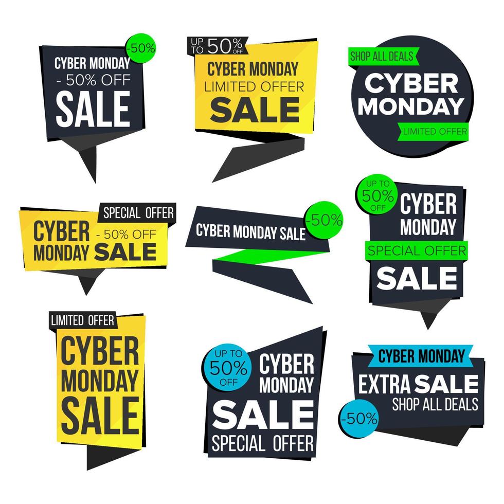 gesetzter vektor des cyber montag verkaufsbanners. Technologie-Banner für den November-Verkauf. Website-Aufkleber, Design von Cyber-Webseiten. bis zu 50 % Rabatt auf Montagsabzeichen. isolierte Abbildung