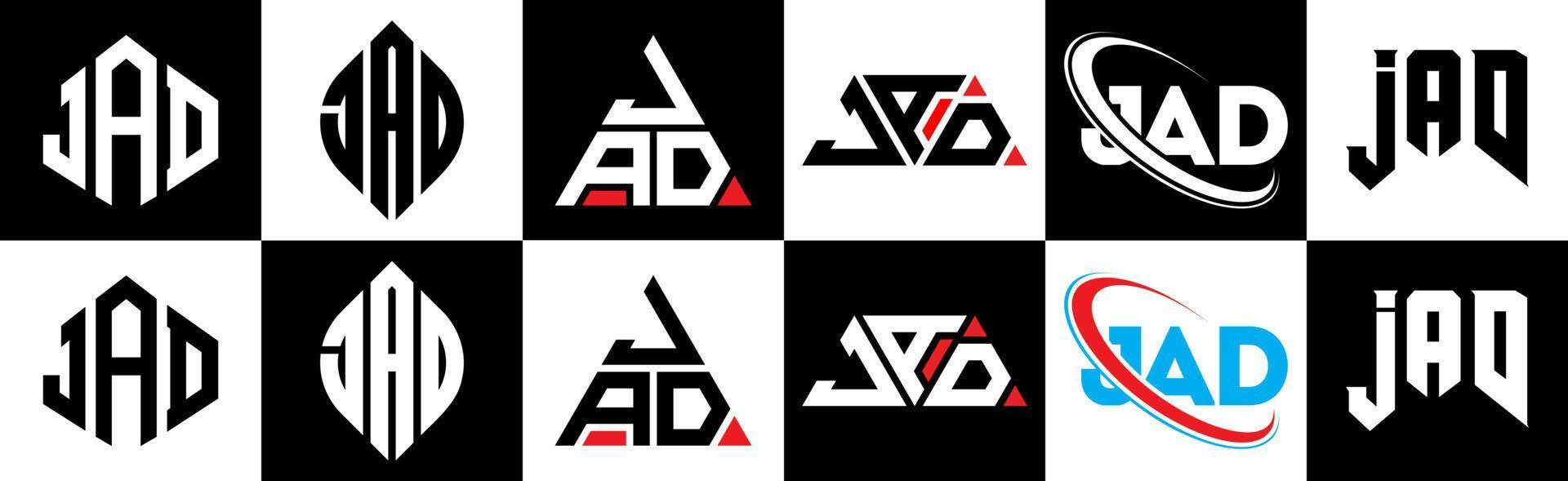 Jad-Buchstaben-Logo-Design in sechs Stilen. Jad-Polygon, Kreis, Dreieck, Sechseck, flacher und einfacher Stil mit schwarz-weißem Buchstabenlogo in einer Zeichenfläche. Jad minimalistisches und klassisches Logo vektor