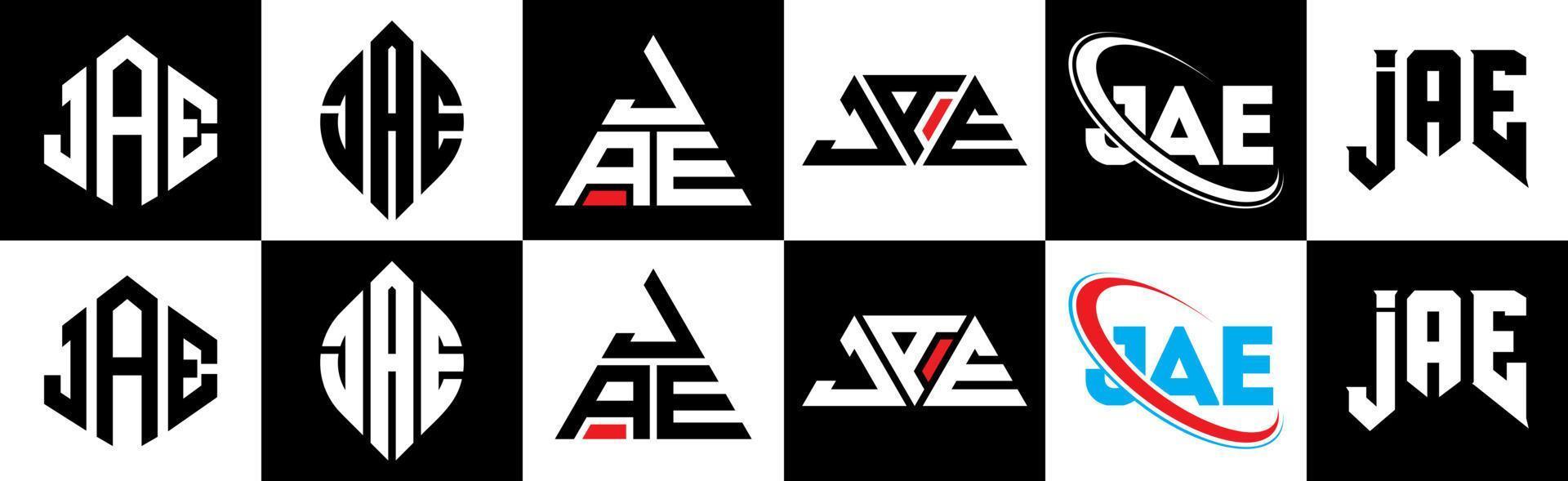 jae brev logotyp design i sex stil. jae polygon, cirkel, triangel, sexhörning, platt och enkel stil med svart och vit Färg variation brev logotyp uppsättning i ett rittavla. jae minimalistisk och klassisk logotyp vektor