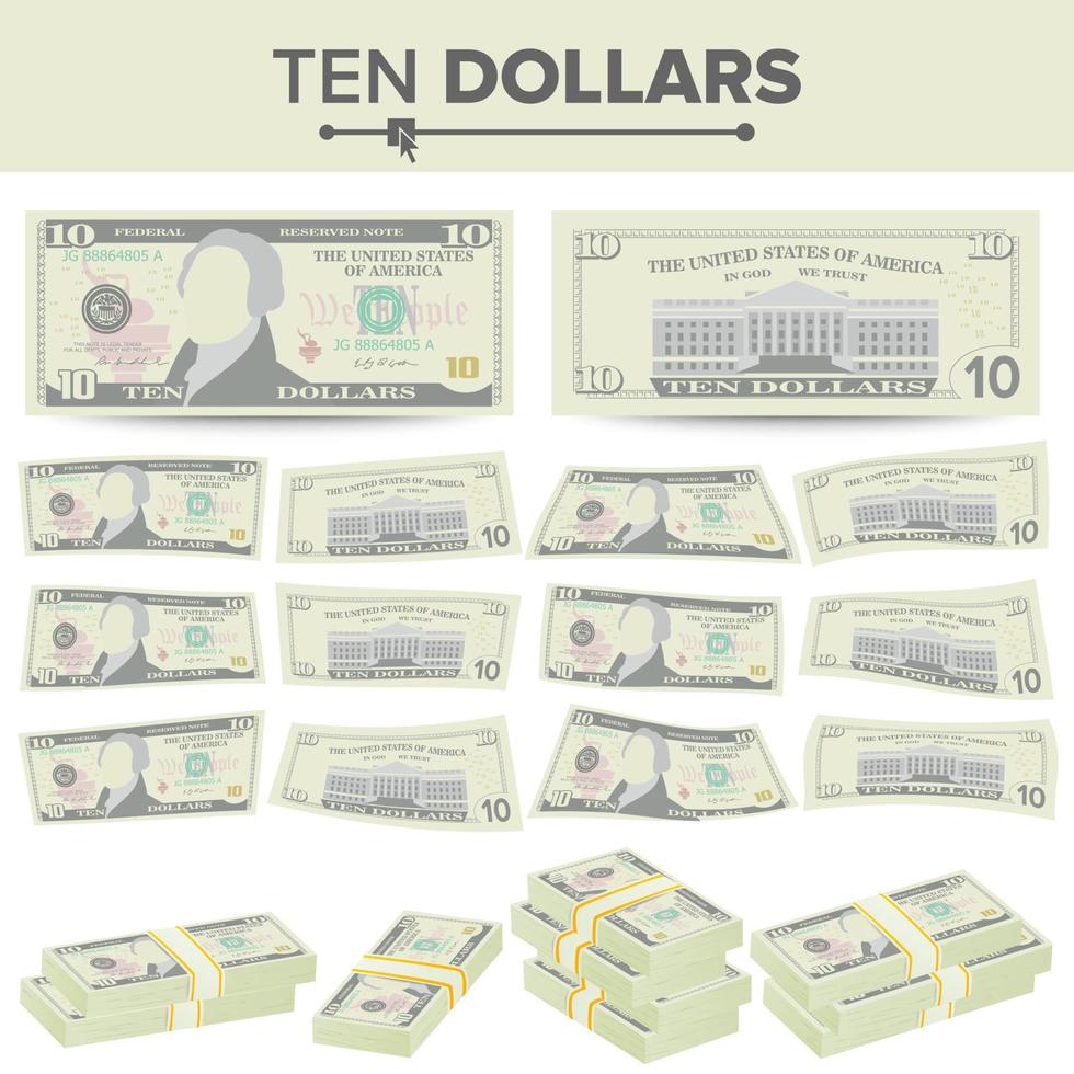 10-Dollar-Banknotenvektor. cartoon uns währung. zwei seiten von zehn amerikanischen geldscheinen isolierte illustration. Cash-Symbol 10-Dollar-Stapel vektor