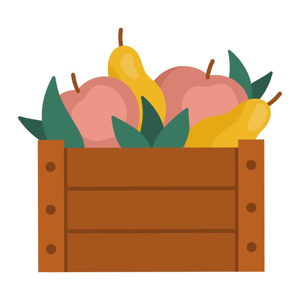 Vektor süße Holzkiste mit Äpfeln, Birnen, Blumen und Blättern. Herbstgarten-Cliparts. lustige flache fruchtillustration lokalisiert auf weißem hintergrund. Bauernhof-Ernte-Symbol
