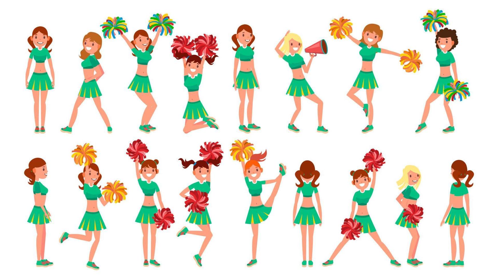 gymnasium yrke cheerleading lag vektor. i handling. fläktar flickor dans med pompoms. Hoppar och dans tillsammans. tecknad serie karaktär illustration vektor