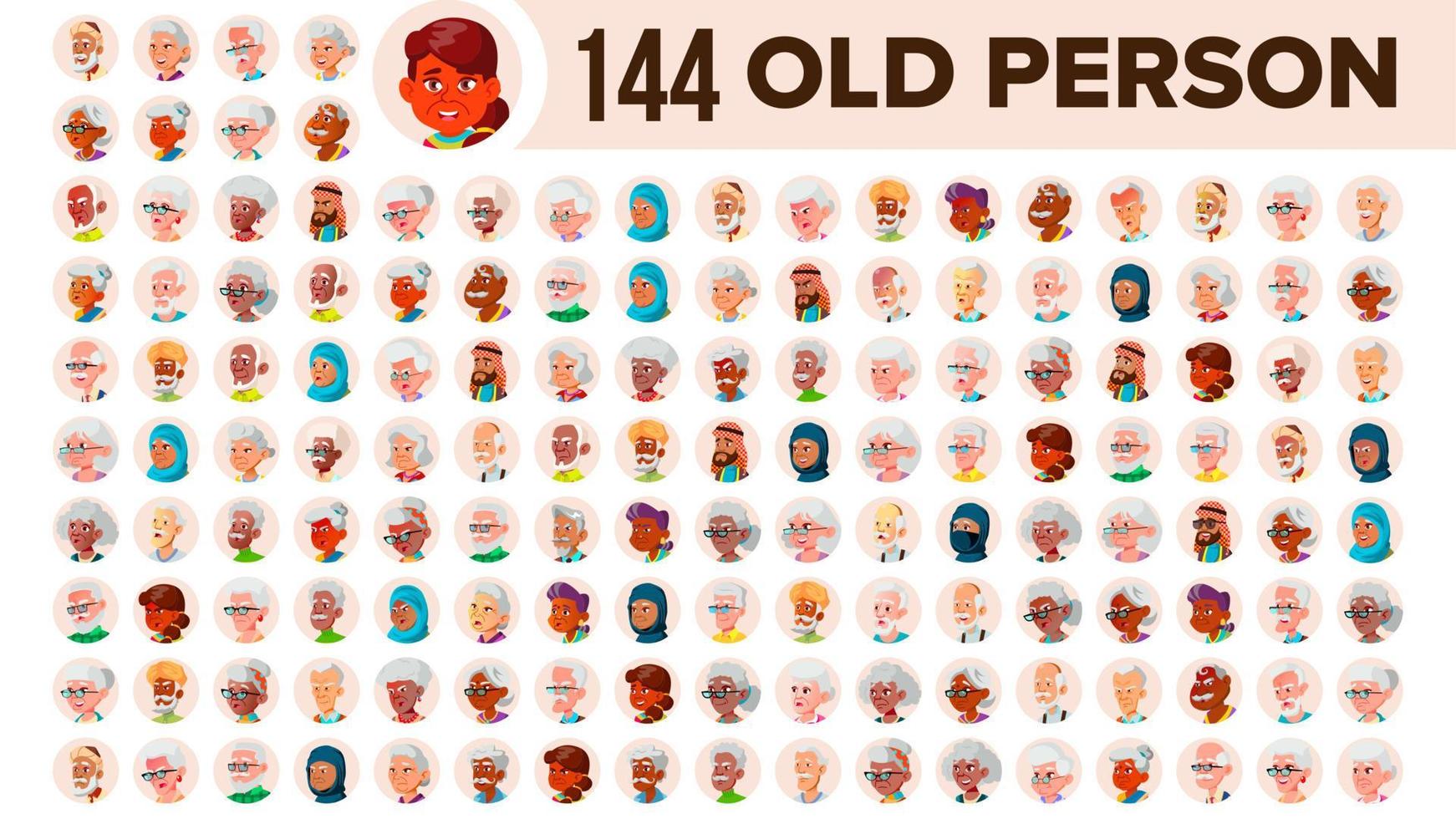 gammal människor avatar uppsättning vektor. mång ras. ansikte känslor. multinationell användare person porträtt. äldre manlig, kvinna. etnisk. ikon. asiatisk, afrikansk, europeisk, arab. platt illustration vektor