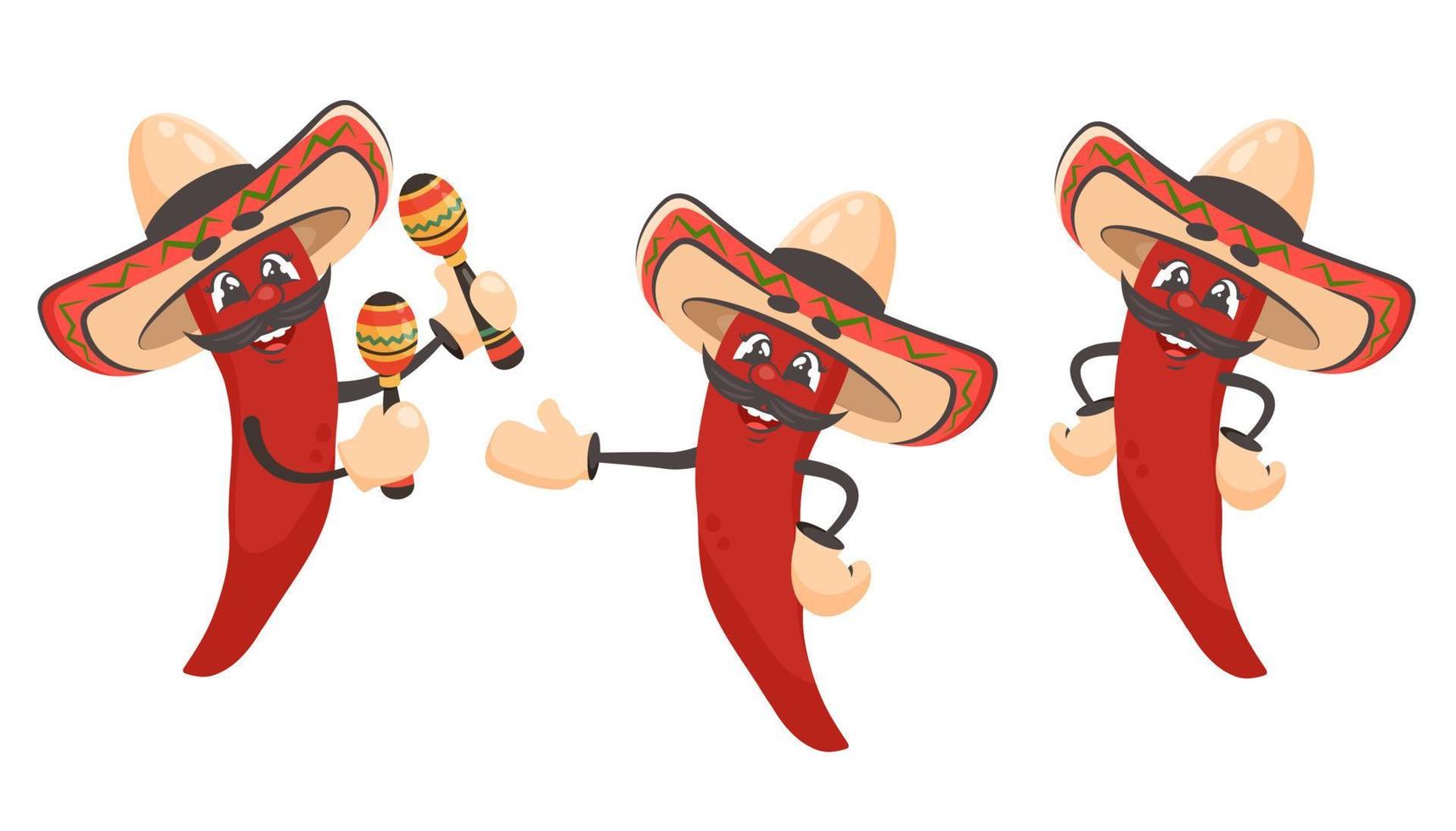 Satz rote Chilischote isoliert. Zeichentrickfigur mit Sombrero, Maracas. mexikanische Nahrung. gekritzel gezeichnete vektorillustration für gerichte, menü, poster, flyer, banner, lieferung, kochkonzept vektor
