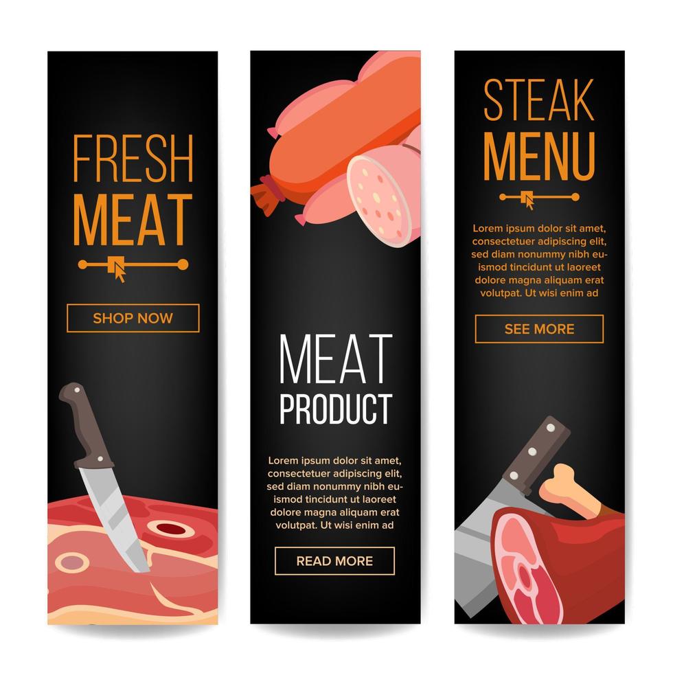 kött produkt vertikal promo banderoller vektor. för grill bar promo design. isolerat illustration vektor