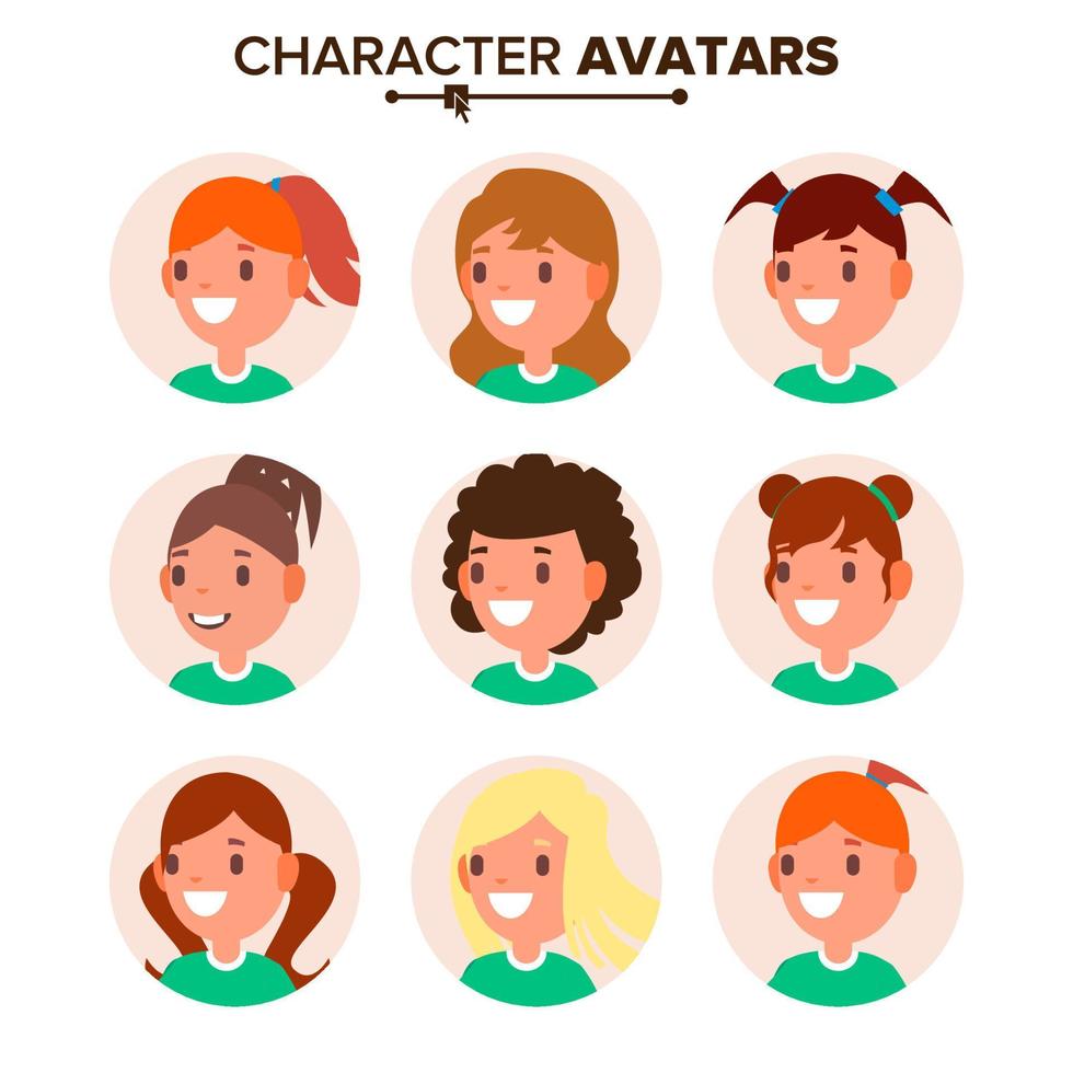Mädchen-Charakter-Avatar-Set-Vektor. Frauengesicht, Emotionen. standardmäßige Platzhaltersammlung für weibliche Avatare. karikatur, komische leute kunstebene lokalisierte illustration vektor