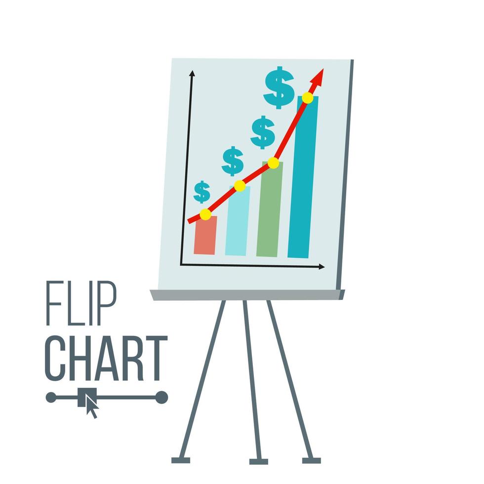 Flipchart-Vektor. flache karikatur lokalisierte illustration. grafische Präsentation von Geschäftsinformationen. Kreisdiagramm, Aktenkoffer vektor