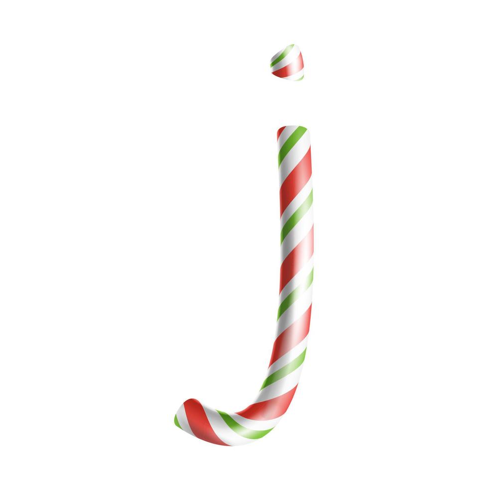 Buchstabe j Vektor. 3D-realistisches Candy Cane-Alphabet-Symbol in Weihnachtsfarben. neujahrsbrief texturiert mit rot, weiß. Typografie-Vorlage. gestreiftes Handwerk isoliertes Objekt. Weihnachtskunstillustration vektor