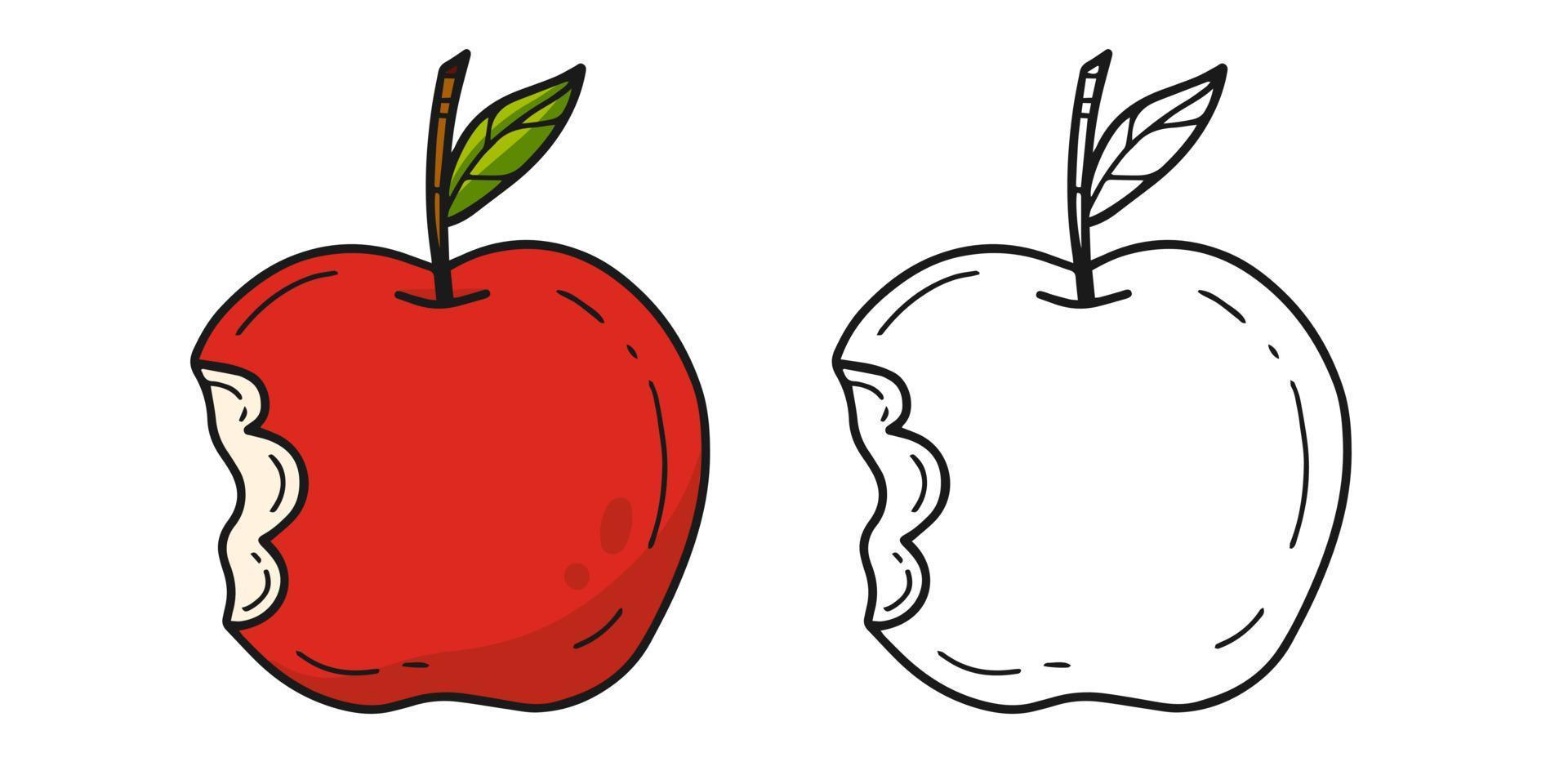 röd Bitten äpple färg bok med ett exempel av färg för barn. färg sida med ett äpple. svartvit och Färg version. vektor barns illustration.