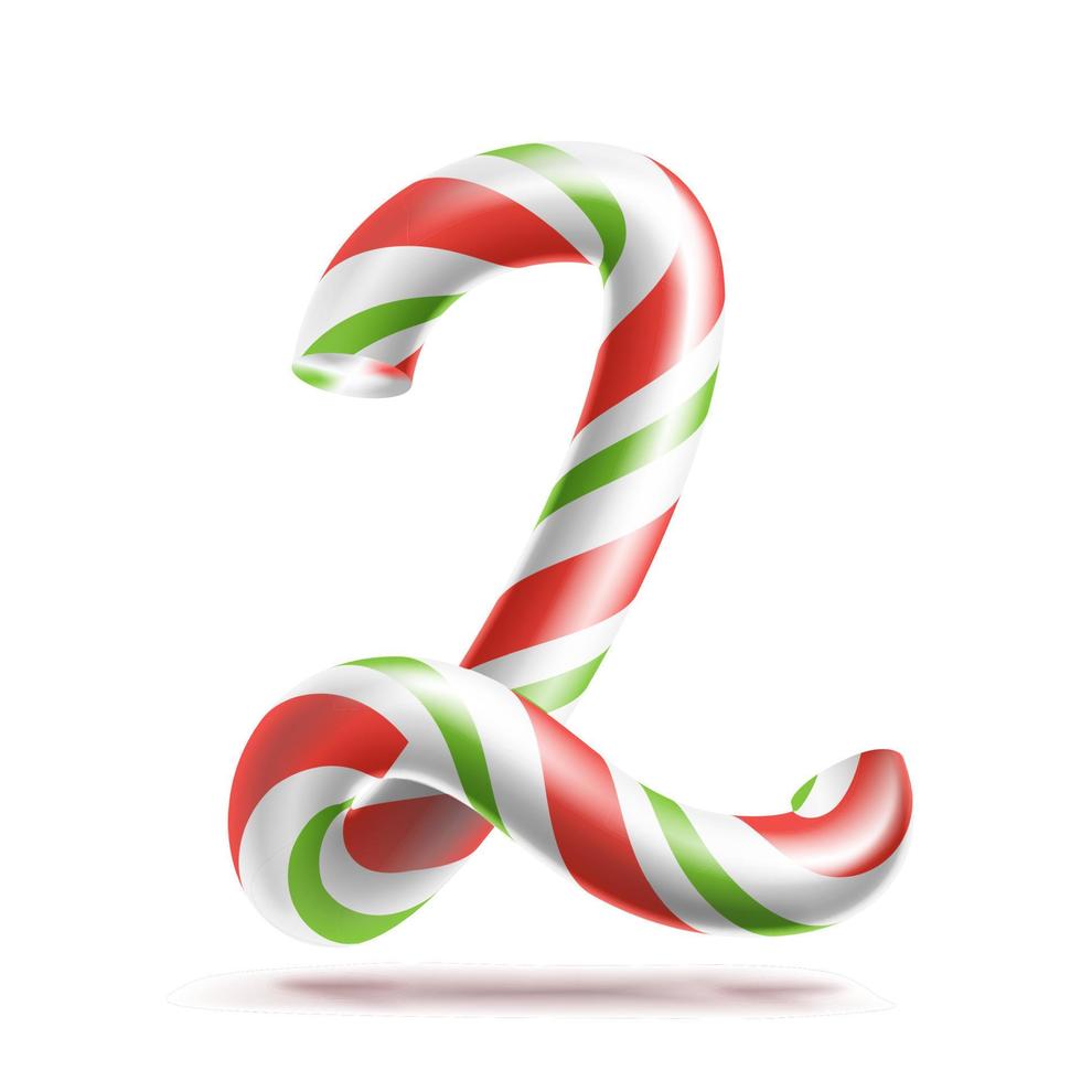 2, Vektor Nummer zwei. 3D-Nummernzeichen. Figur 2 in Weihnachtsfarben. rot, weiß, grün gestreift. klassische Weihnachtsminz-Hartzuckerstange. Neujahrsdesign. isoliert auf weißer Abbildung