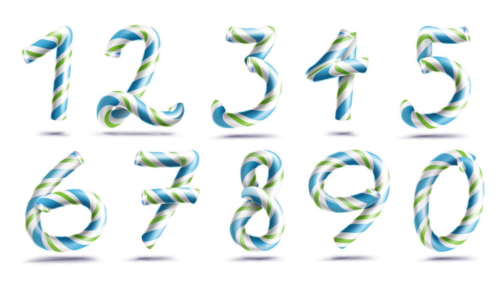 tal tecken uppsättning vektor. 3d siffror. siffror 1, 2, 3, 4, 5, 6, 7, 8, 9, 0. jul färger. blå, grön randig. klassisk xmas mynta hård godis sockerrör. ny år design. isolerat på vit illustration vektor