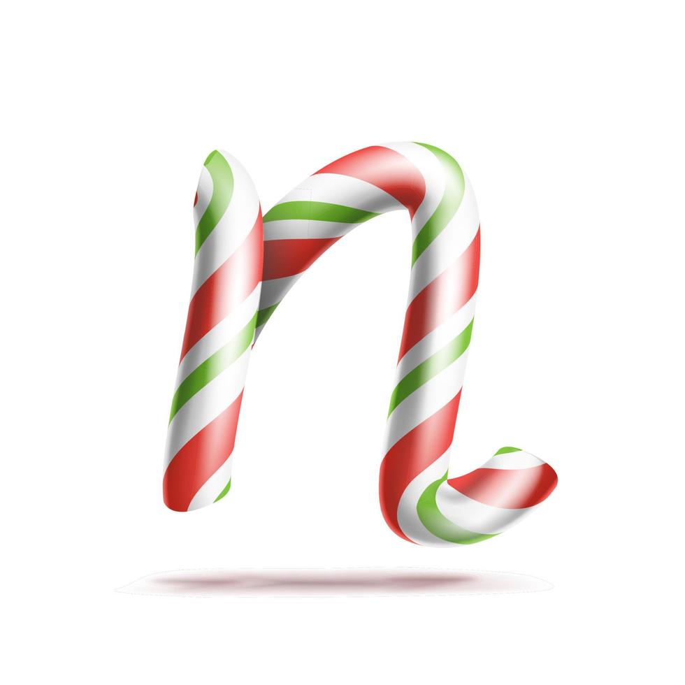 Buchstabe n Vektor. 3D-realistisches Candy Cane-Alphabet-Symbol in Weihnachtsfarben. neujahrsbrief texturiert mit rot, weiß. Typografie-Vorlage. gestreiftes Handwerk isoliertes Objekt. Weihnachtskunstillustration vektor