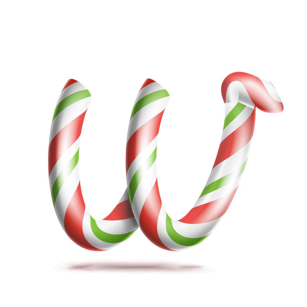 Buchstabe w Vektor. 3D-realistisches Candy Cane-Alphabet-Symbol in Weihnachtsfarben. neujahrsbrief texturiert mit rot, weiß. Typografie-Vorlage. gestreiftes Handwerk isoliertes Objekt. Weihnachtskunstillustration vektor