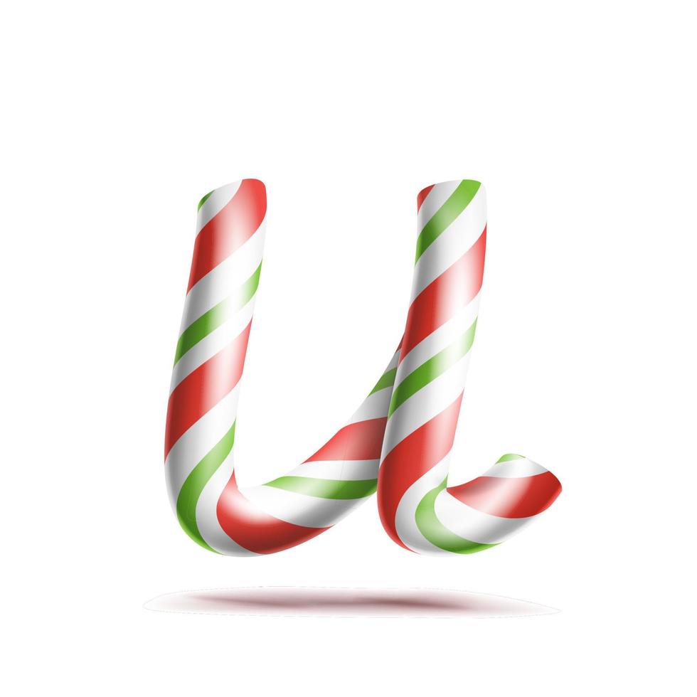 Buchstabe u Vektor. 3D-realistisches Candy Cane-Alphabet-Symbol in Weihnachtsfarben. neujahrsbrief texturiert mit rot, weiß. Typografie-Vorlage. gestreiftes Handwerk isoliertes Objekt. Weihnachtskunstillustration vektor