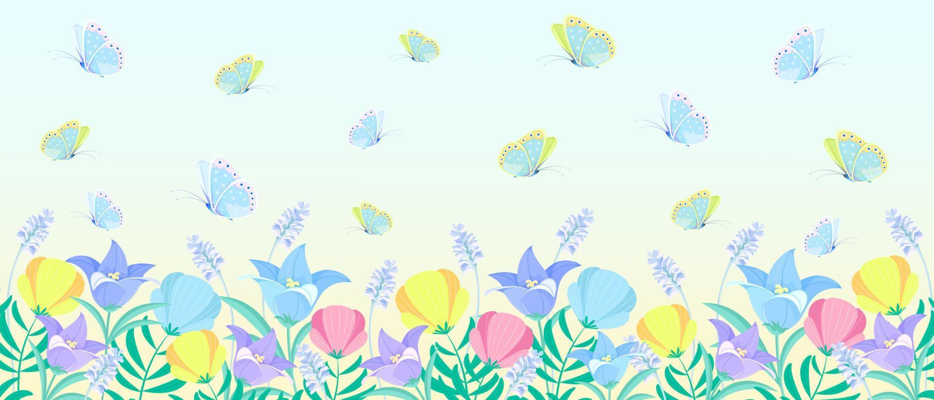 Vektorblumenmuster mit hellen Wildblumen und fliegenden Schmetterlingen. auf einem weichen blauen Hintergrund mit einem Farbverlauf. horizontale Panoramadarstellung. Blumenhintergrund in einem fabelhaften Stil vektor