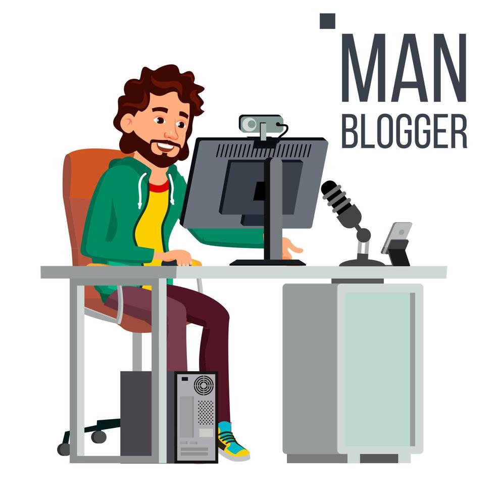 Mann Blogger Vektor. Videokonzept. professioneller Gamer. Persönlicher Weblog-Kanal. Blogosphäre online. beliebte Videoblogger. flache vektorillustration vektor