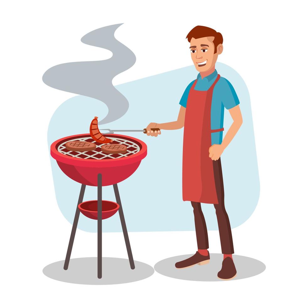 bbq matlagning vektor. man laga mat grill kött på bbq. isolerat platt tecknad serie karaktär illustration vektor