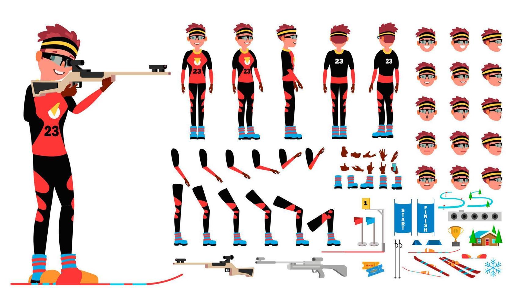 männlicher vektor des biathlonspielers. Zeichenerstellungsset für animierte Charaktere. mann in voller länge, front, seite, rückansicht, zubehör, posen, gesichtsgefühle, gesten. isolierte flache karikaturillustration