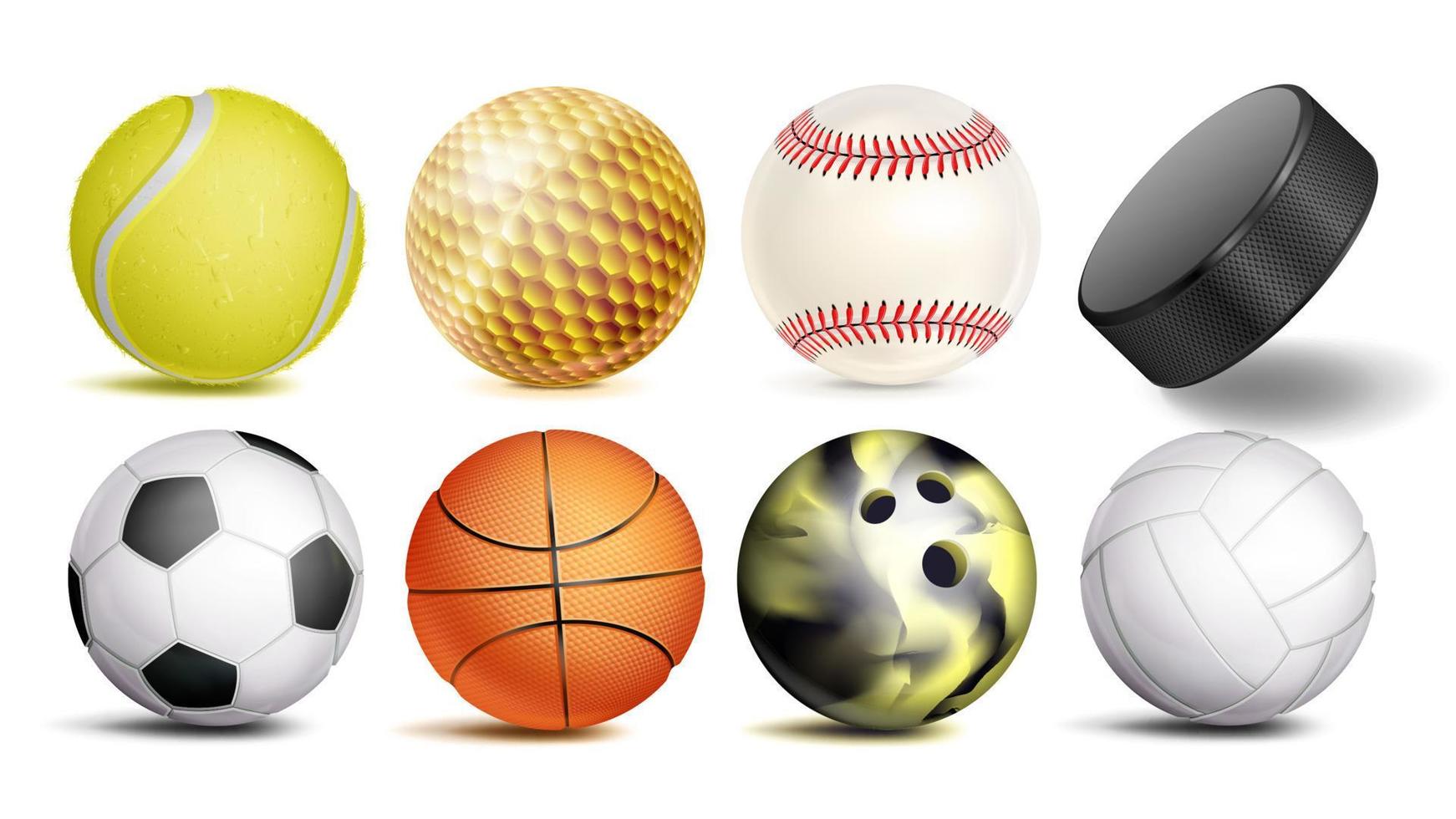 Sportbälle Vektor. Set aus Fußball, Basketball, Bowling, Tennis, Golf, Volleyball, Baseballbällen. Hockey-Puck. isolierte Abbildung vektor