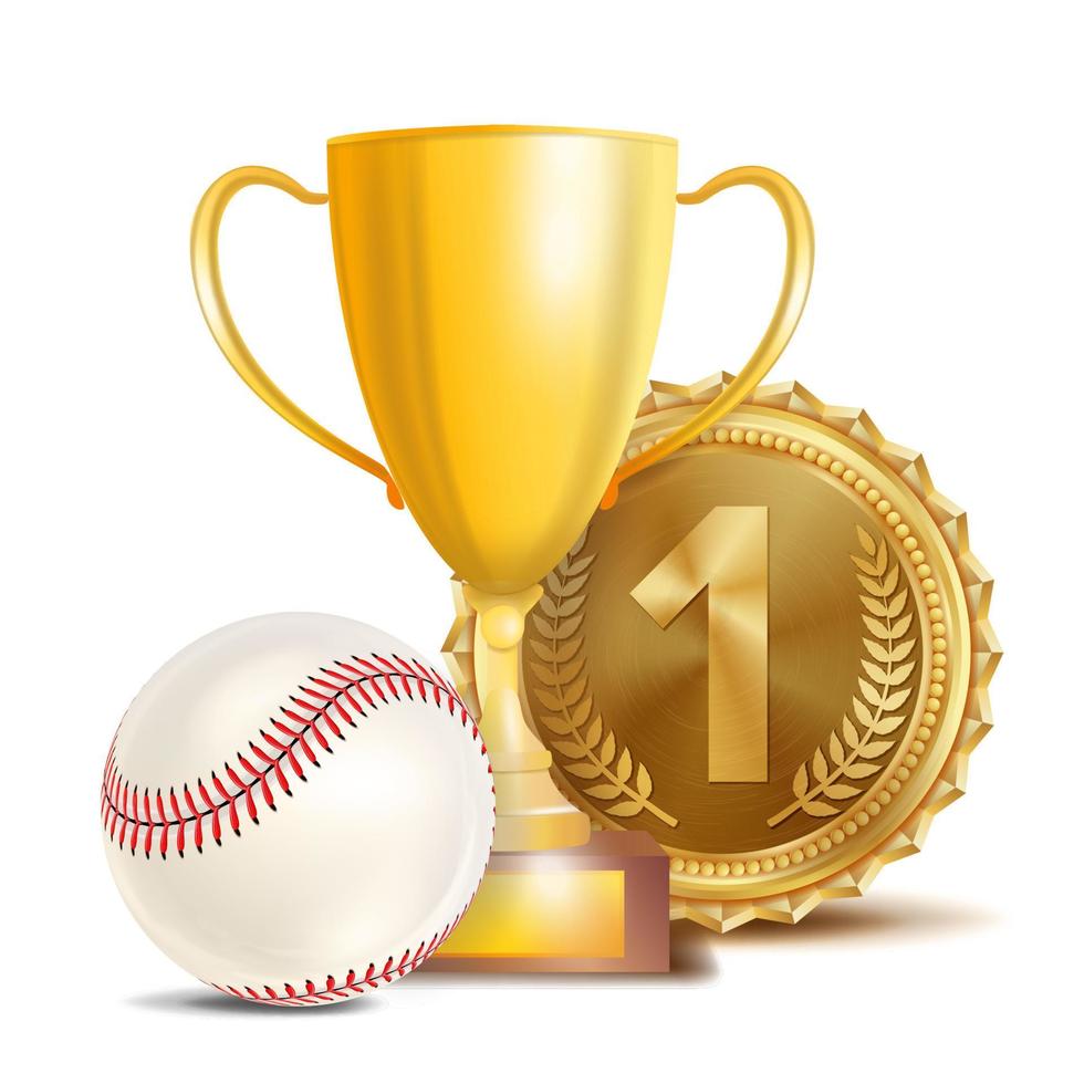 Baseball-Preisvektor. Sport-Banner-Hintergrund. weißer Ball mit roten Nähten, goldener Siegerpokal, goldene Medaille für den 1. Platz. 3d realistische isolierte Abbildung vektor