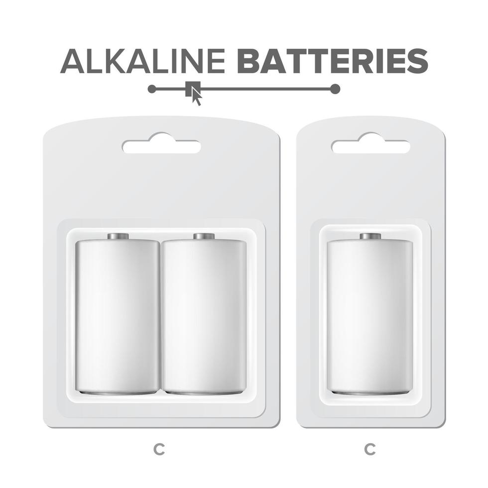 c batterier packade vektor. alkalisk batteri i blåsa. realistisk glansig batteri ackumulator. falsk upp Bra för branding design. närbild isolerat illustration vektor