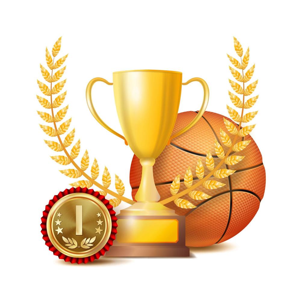 Basketball-Preisvektor. Sport-Banner-Hintergrund. orangefarbener Ball, goldener Siegerpokal, goldene Medaille für den 1. Platz. 3d realistische isolierte Abbildung vektor