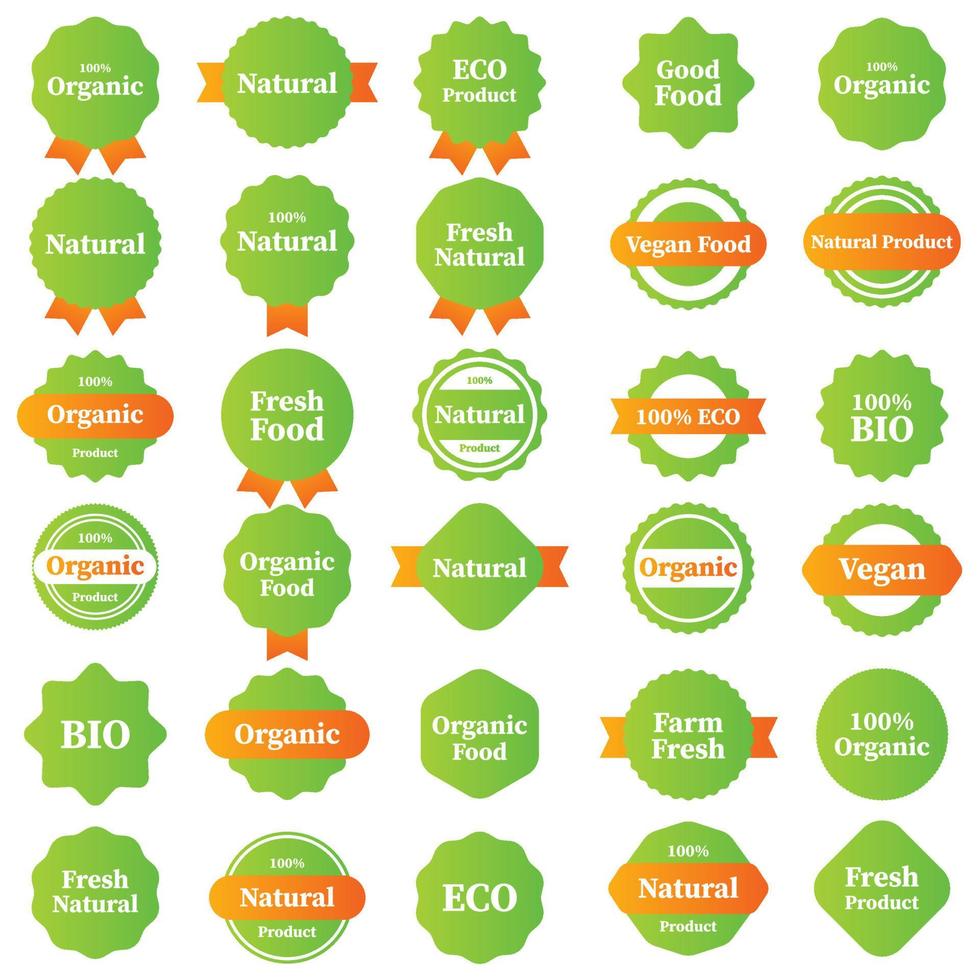 etiketter och emblem organisk, naturlig, friska mat, färsk och vegetarian mat. vektor illustration.