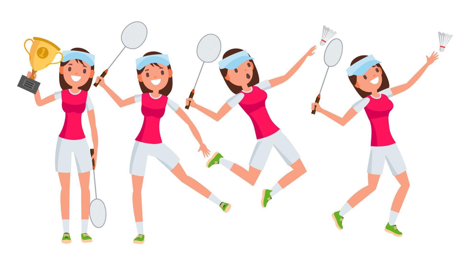 badminton ung kvinna spelare vektor. flicka idrottare spelare. Hoppar, praktiserande. platt tecknad serie illustration vektor