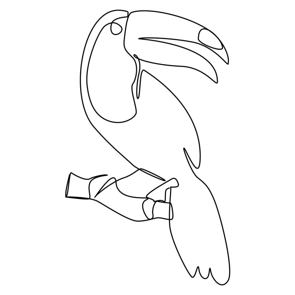 en toucan fågel är uppflugen på en trunk i porträtt. minimalism kontinuerlig enda linje teckning vektor illustration