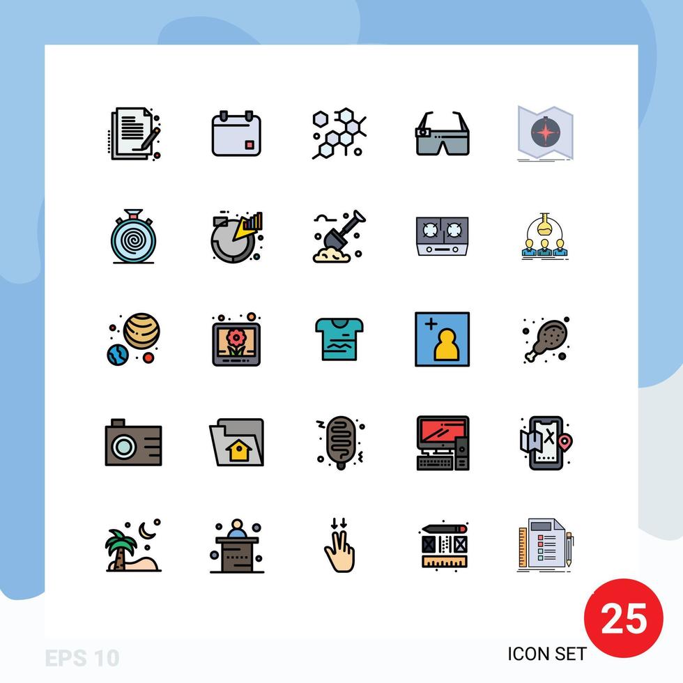 25 gefüllte Linien flaches Farbkonzept für mobile Websites und Apps Kartenrichtung Zelle Smart Glasses editierbare Vektordesign-Elemente vektor