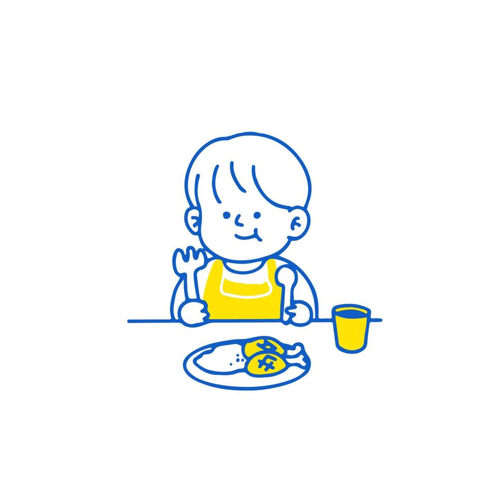 söt tecknad serie Lycklig liten pojke äter . vektor illustration isolerat på bakgrund.