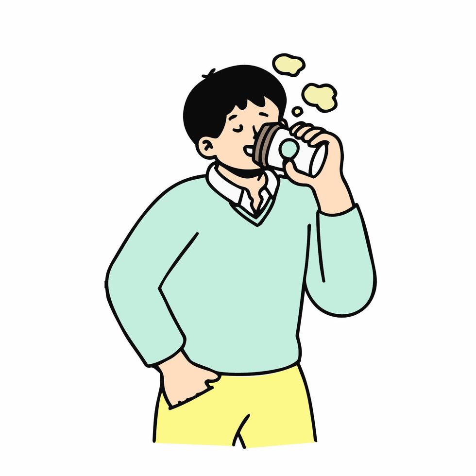 en man dricka en kopp av kaffe. hand dragen stil vektor klotter design illustrationer