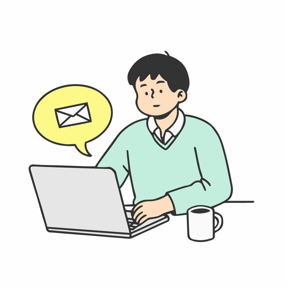 mann, der computer verwendet, um e-mails zu senden. konzept der arbeit von zu hause oder online-meeting. handgezeichnete Stil-Vektor-Doodle-Design-Illustrationen vektor