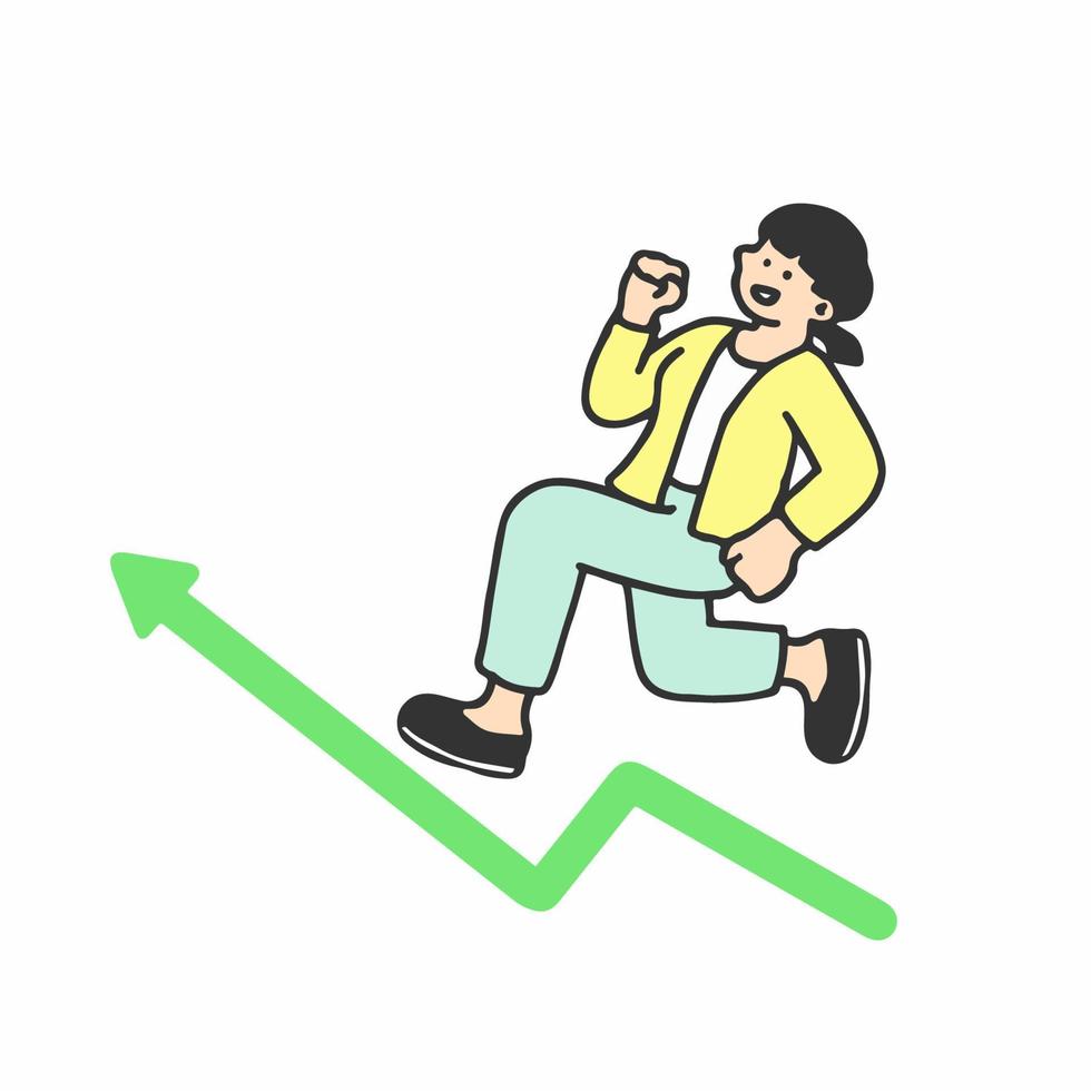 i framsteg begrepp. företag kvinna löpning upp över växande Diagram. flytta upp motivering . översikt klotter vektor tecken isolerat på vit