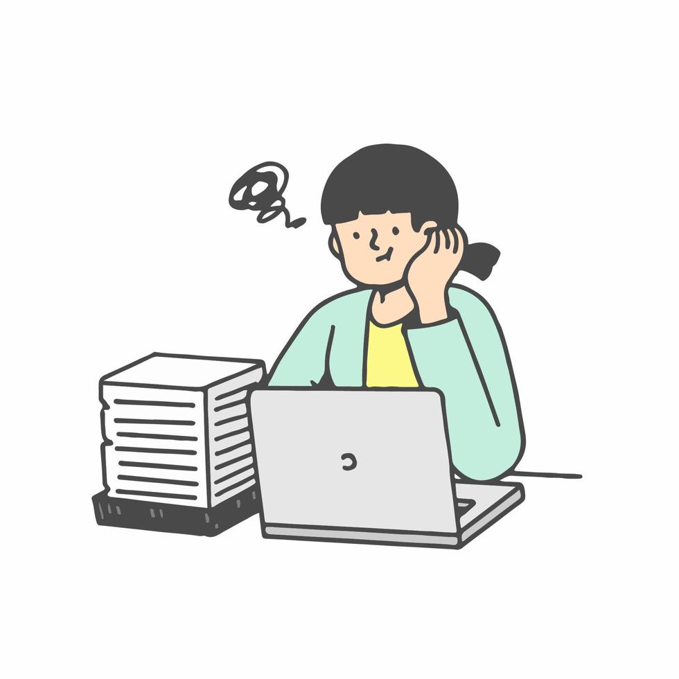 gestresster Arbeiter. Burnout-Zeichentrickfigur besorgt über Frist. harte arbeit im büro, isolierte, beschäftigte, unglückliche frau und stapel papier auf dem schreibtisch. flache vektorillustration vektor