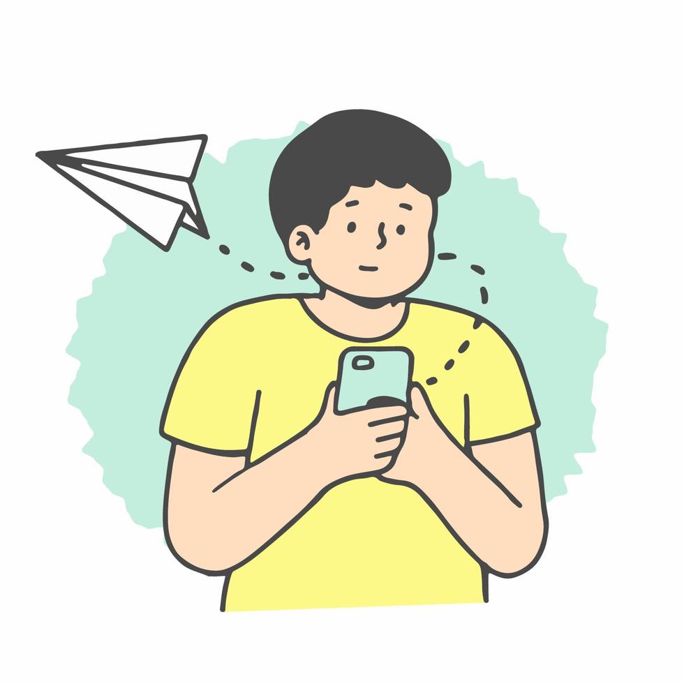 ung man använder sig av mobil telefon app för chattar uppkopplad och textning meddelanden. kille med smartphone under virtuell kommunikation. översikt klotter vektor tecken isolerat på vit