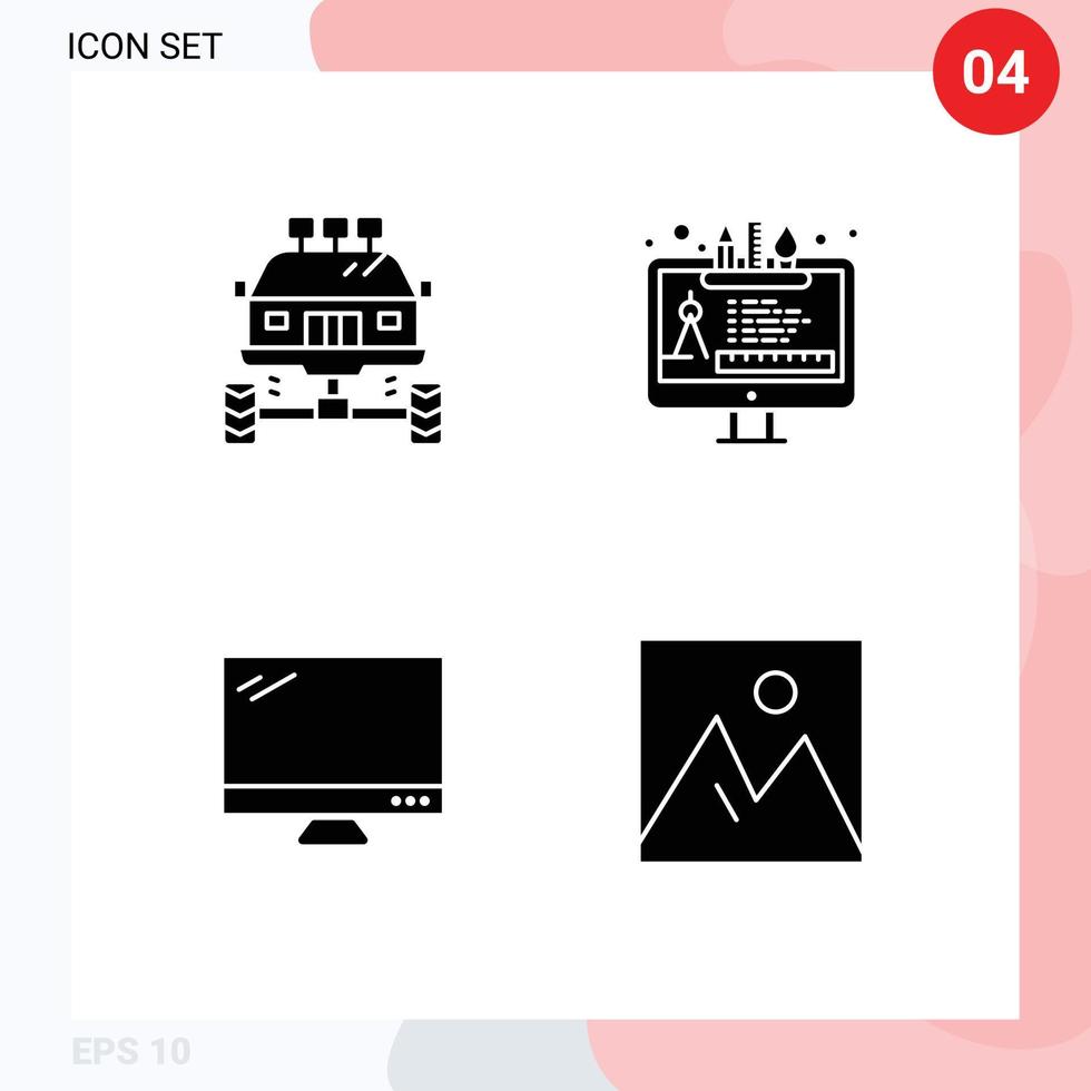 mobil gränssnitt fast glyf uppsättning av 4 piktogram av bil dator smuts verktyg enhet redigerbar vektor design element