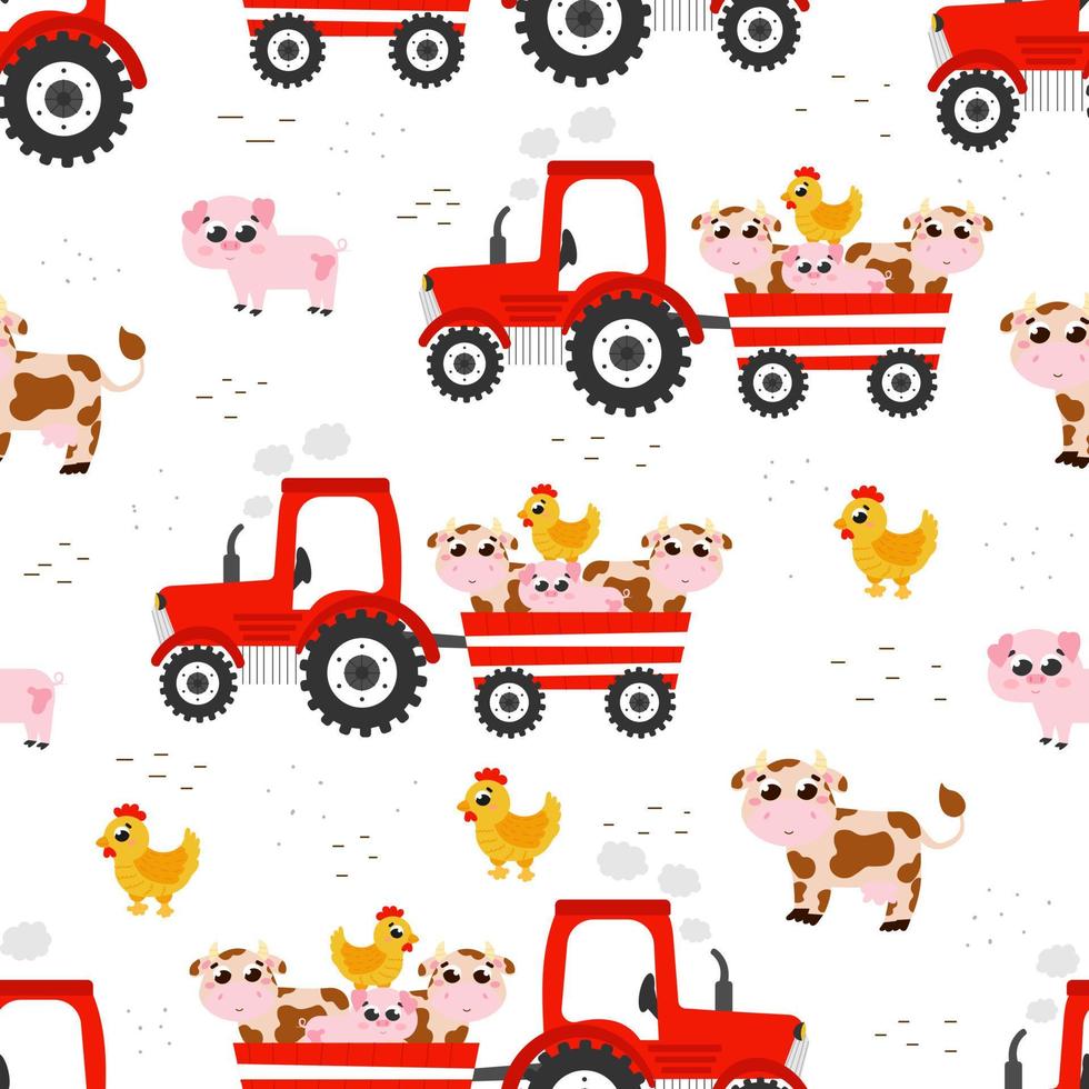 buntes, nahtloses Muster mit Traktor mit Nutztieren - Kühe und Schweine, Hühner im Cartoon-Stil vektor