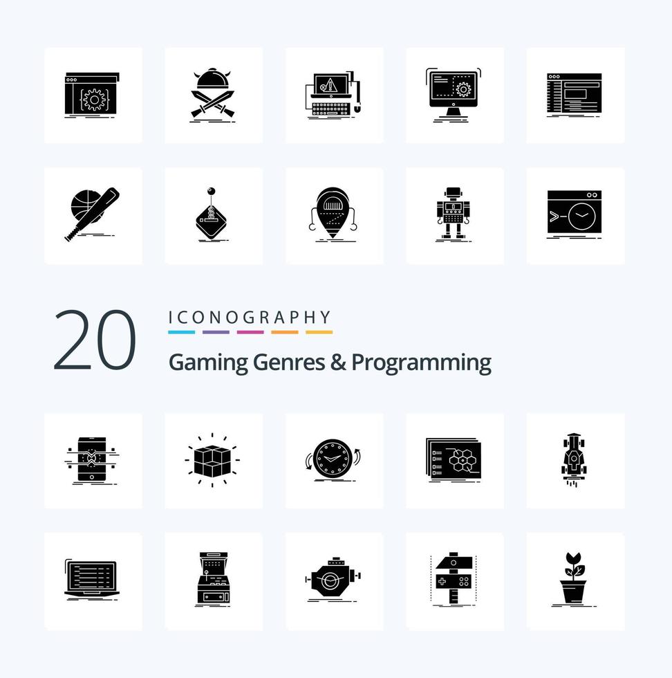 20 Gaming-Genres und Programmieren von soliden Glyphen-Icon-Packs wie Strategiespiel-Lösungszeit im Uhrzeigersinn vektor