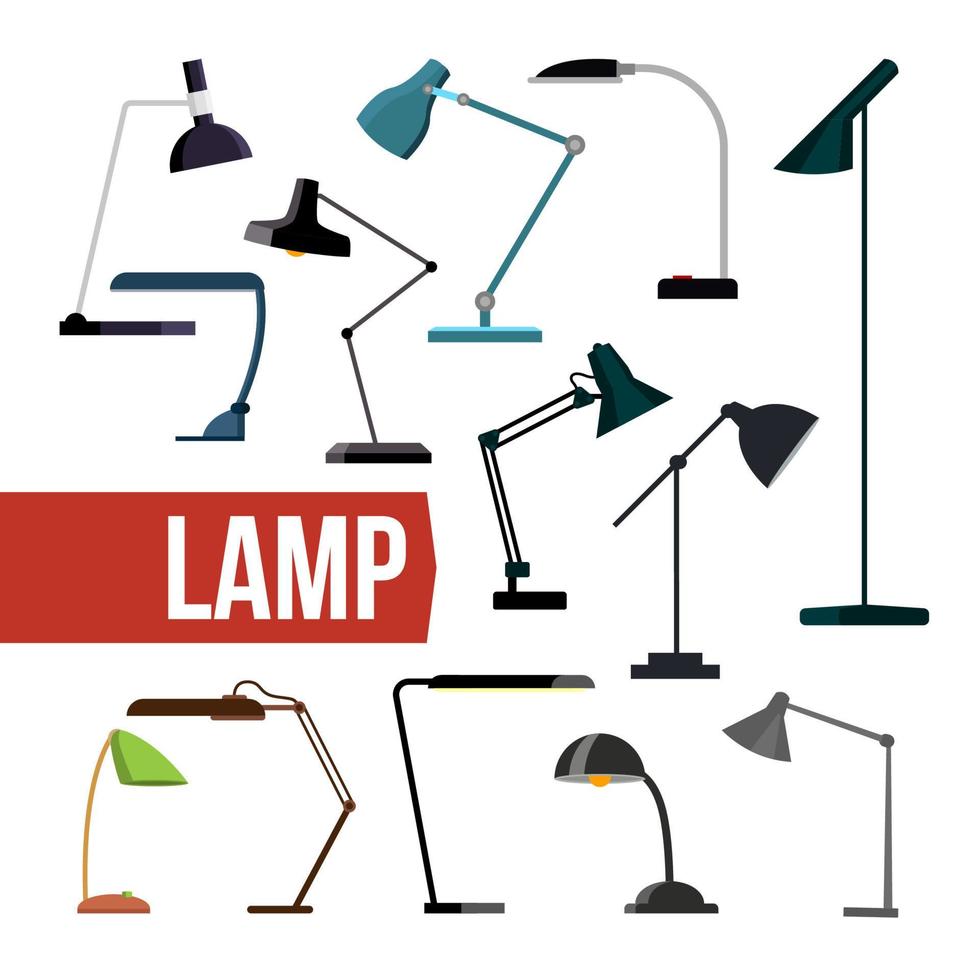 Lampensatzvektor. tisch schreibtisch büro moderne lampen. Innenelektrizität kreatives modernes Möbellicht. Glühbirnendekoration zu Hause. helles Energielaternenzeichen. isolierte flache illustration vektor