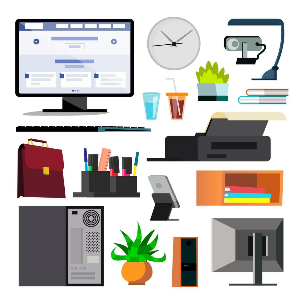 gesetzter vektor der büroausrüstung. Tastatur, digitale Elektronikartikel. Symbole. Geschäftsablauf. Papier- und Desktop-Objekte. Technologie. isolierte flache illustration