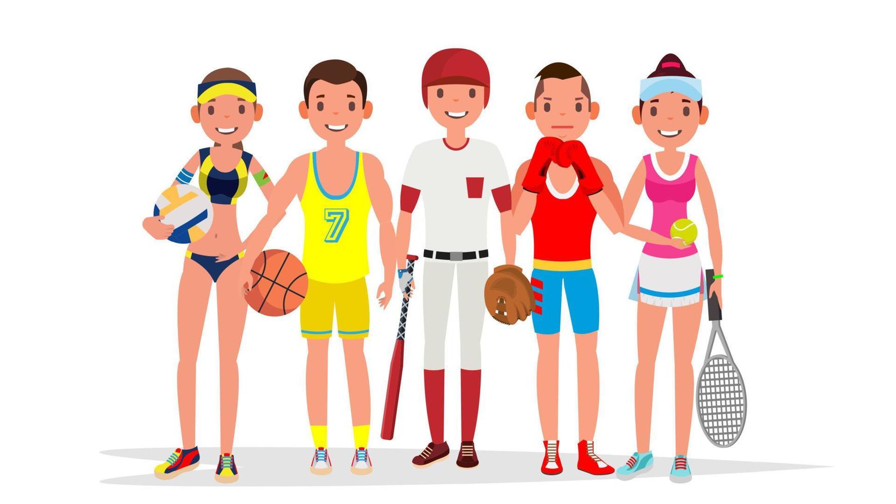 Sommersport-Vektor. gruppe von spielern im boxen, basketball, volleyball, baseball. lokalisiert auf weißer flacher karikaturillustration vektor