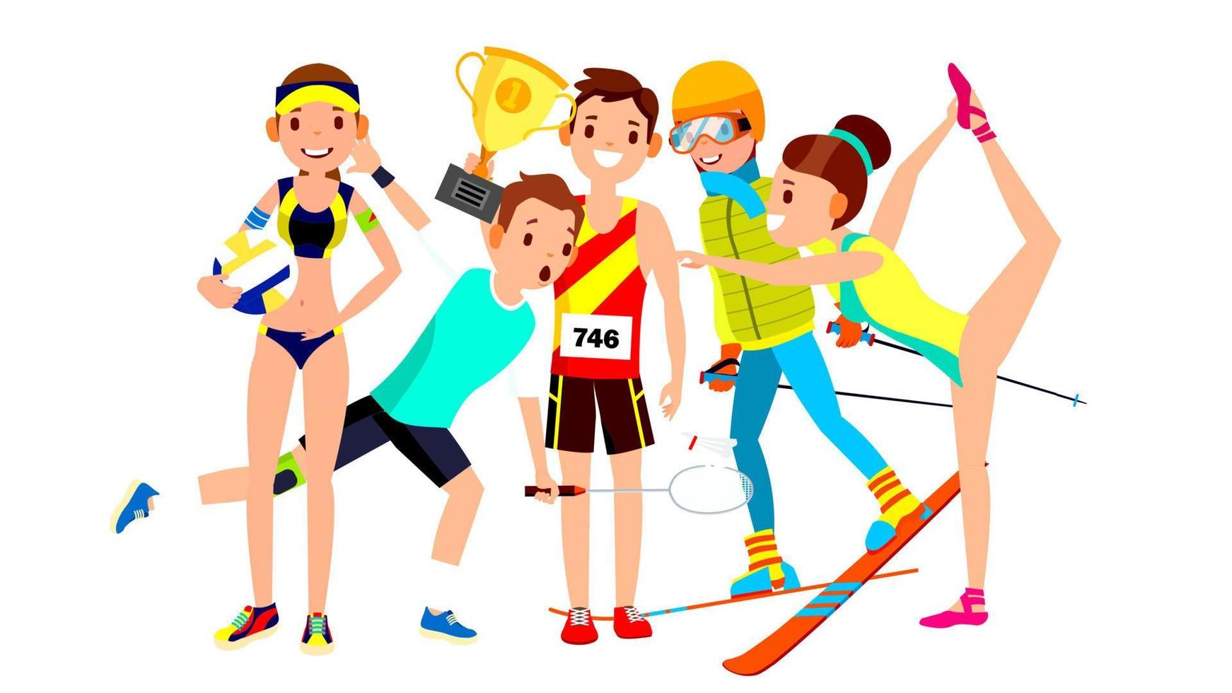 gesetzter Vektor des Athleten. Mann Frau. Volleyball, Tennis, Leichtathletik, Skifahren, Gymnastik. Gruppe von Sportlern in Uniform, Kleidung. Sportlercharakter in der Spielaktion. flache karikaturillustration