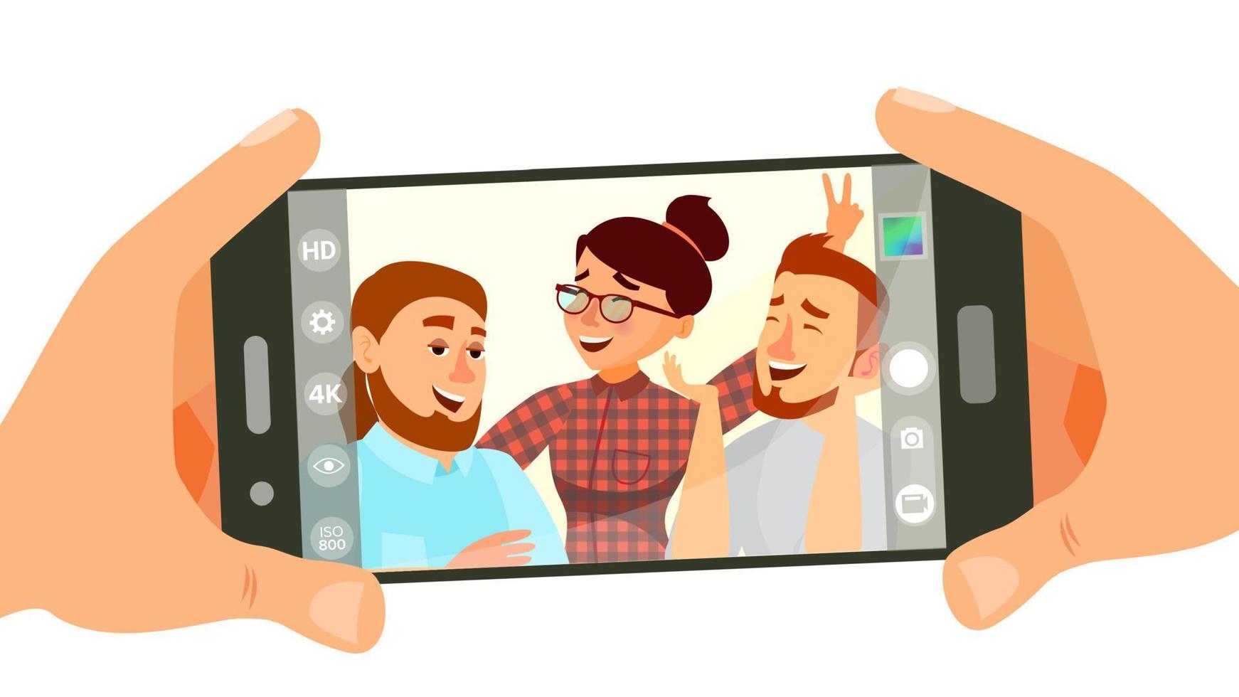 Fotografieren auf Smartphone-Vektor. lächelnde Menschen. moderne freunde, die horizontales selfie machen. Hand hält Smartphone. Kamera-Sucher. Freundschaftskonzept. isolierte flache karikaturillustration vektor