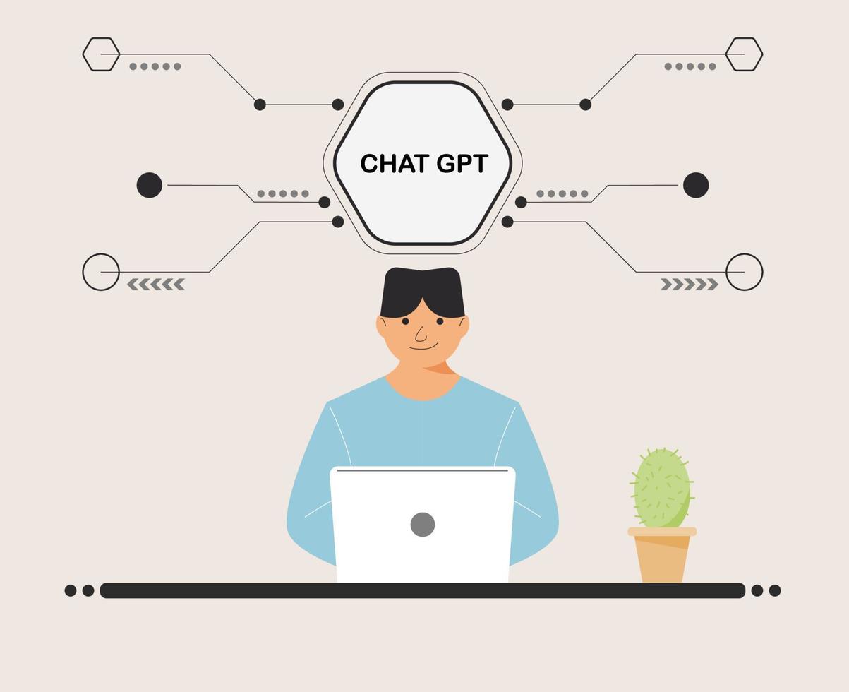 Chat GPT Männer Person verwenden Laptop digital. junge leute suchen chat gpt ai, openai, smart bot, arbeitsplatz, technologischer hintergrund. vektorillustration für künstliche intelligenz, infografiken, webbanner. vektor