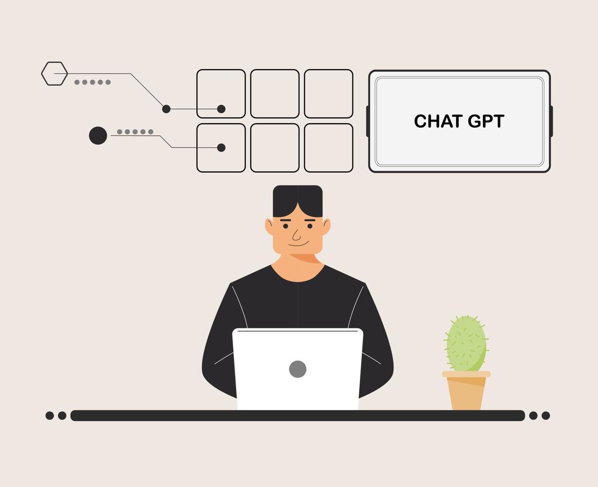 Chat GPT Männer Person verwenden Laptop digital. junge leute suchen chat gpt ai, openai, smart bot, arbeitsplatz, technologischer hintergrund. vektorillustration für künstliche intelligenz, infografiken, webbanner. vektor