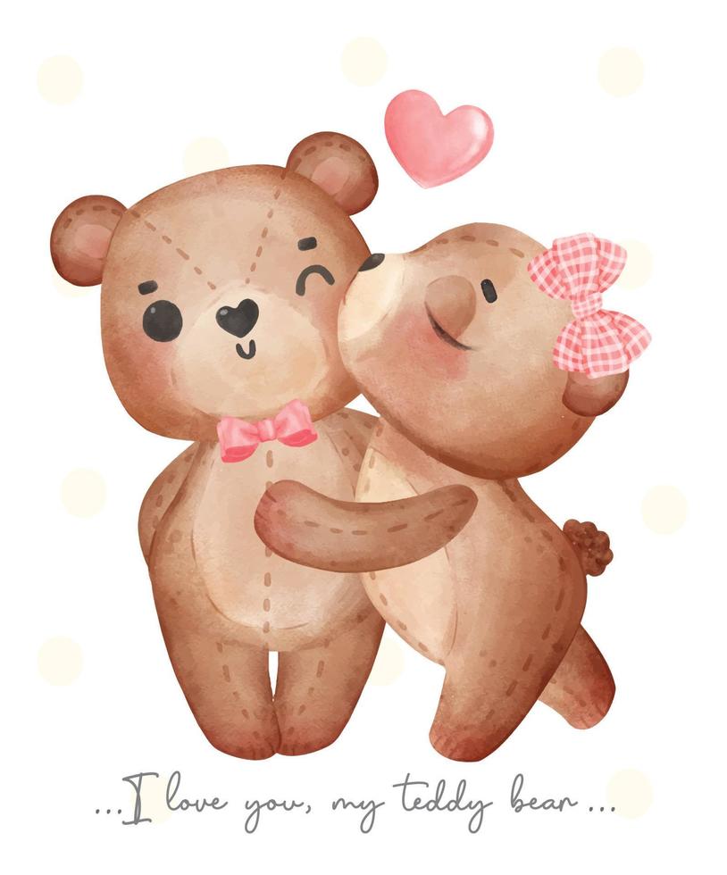 süßes paar braune teddybären, mädchen küsst junge, glücklicher valentinstag, entzückende cartoon aquarell handgezeichnete vektorillustation vektor