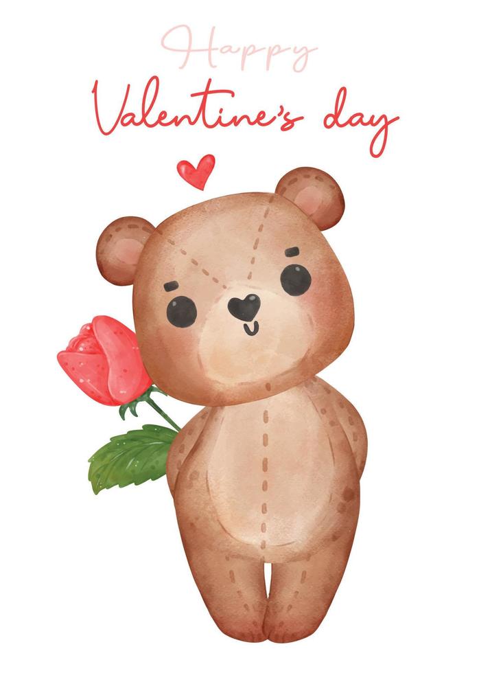 süßer glücklicher valentine brauner teddybär verbirgt eine rosenblume, entzückende cartoon aquarell handgezeichnete vektorillustration vektor